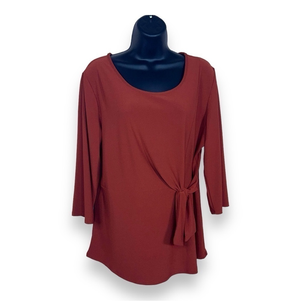 XL DIANA BELLE BRICK RED STRETCH BLOUSE TWIST ACCENT 3/4 SLEEVE